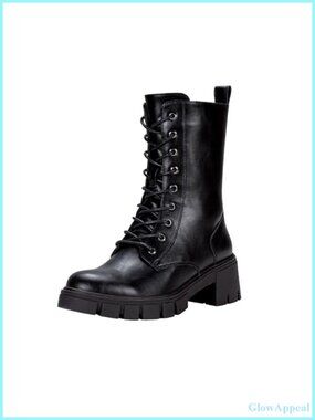 Faux Leather Mid Calf Lace Up Combat Platform Boots